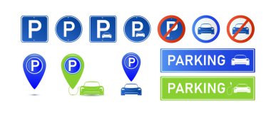 Araba park yeri elektrik ikonu seti. Beyaz arka planda park ve trafik işaretleri izole edilmiş. Harita parkedici. Vektör illüstrasyonu