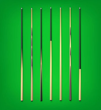 Yeşil arka planda bilardo işaretleri. Snooker spor malzemeleri. Klasik bilardo ıstakası. Vektör illüstrasyonu