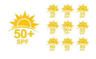 SPF 50 simgesi. Cilt için güneş koruması. UVA UVB güneş kremi koruması. Cilt kozmetik ambalajı için SPF simgesi. Vektör illüstrasyonu