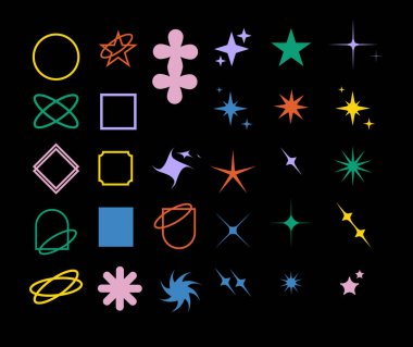 İsviçre tarzı asgari tasarım için acımasız şekiller. Moda geometrik postmodern ilkel figürler. Acımasız çağdaş yıldız çizgisi ve biçimleri. Vektör illüstrasyonu