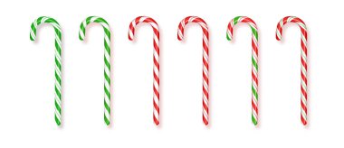 Gerçekçi Noel şekerleri seti. Gerçekçi Xmas şeker çubuğu çizimi. Üst görünüm simgesi. Noel ve Yeni Yıl için tebrik kartı şablonu.