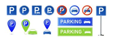Araba park yeri elektrik ikonu seti. Beyaz arka planda izole edilmiş. Harita parkedici. Vektör illüstrasyonu
