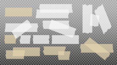 İskoç bandı. Yapışkan kağıt bant. Yapışkan şeffaf yapışkan şerit. Kolaj için çıkartma, fotoğraf notlarını düzeltme. Vektör illüstrasyonu