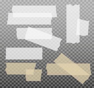 İskoç bandı. Yapışkan kağıt bant. Yapışkan şeffaf yapışkan şerit. Kolaj için çıkartma, fotoğraf notlarını düzeltme. Vektör illüstrasyonu