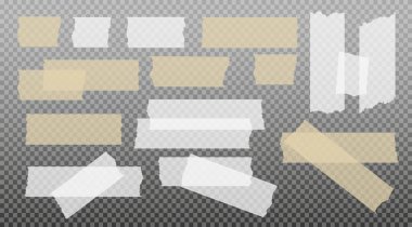 İskoç bandı. Yapışkan kağıt bant. Yapışkan şeffaf yapışkan şerit. Kolaj için çıkartma, fotoğraf notlarını düzeltme. Vektör illüstrasyonu