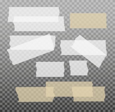 İskoç bandı. Yapışkan kağıt bant. Yapışkan şeffaf yapışkan şerit. Kolaj için çıkartma, fotoğraf notlarını düzeltme. Vektör illüstrasyonu