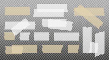 İskoç bandı. Yapışkan kağıt bant. Yapışkan şeffaf yapışkan şerit. Kolaj için çıkartma, fotoğraf notlarını düzeltme. Vektör illüstrasyonu