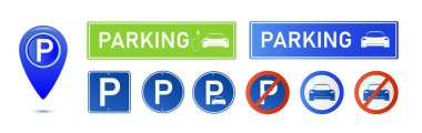 Araba park yeri elektrik ikonu seti. Beyaz arka planda park ve trafik işaretleri izole edilmiş. Harita parkedici. Vektör illüstrasyonu