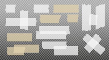 İskoç bandı. Yapışkan kağıt bant. Yapışkan şeffaf yapışkan şerit. Kolaj için çıkartma, fotoğraf notlarını düzeltme. Vektör illüstrasyonu