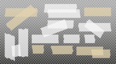 İskoç bandı. Yapışkan kağıt bant. Yapışkan şeffaf yapışkan şerit. Kolaj için çıkartma, fotoğraf notlarını düzeltme. Vektör illüstrasyonu