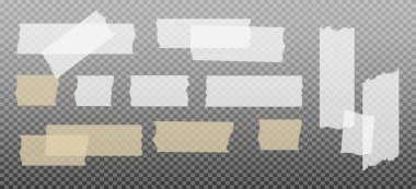 İskoç bandı. Yapışkan kağıt bant. Yapışkan şeffaf yapışkan şerit. Kolaj için çıkartma, fotoğraf notlarını düzeltme. Vektör illüstrasyonu