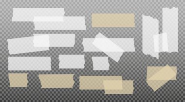 İskoç bandı. Yapışkan kağıt bant. Yapışkan şeffaf yapışkan şerit. Kolaj için çıkartma, fotoğraf notlarını düzeltme. Vektör illüstrasyonu