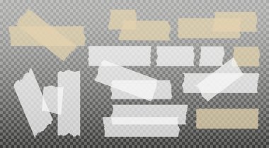 İskoç bandı. Yapışkan kağıt bant. Yapışkan şeffaf yapışkan şerit. Kolaj için çıkartma, fotoğraf notlarını düzeltme. Vektör illüstrasyonu