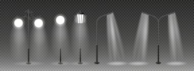 3D vektör Modern ve klasik şehir sokak lambaları geceleri çalışıyor. Şehir elektrik şimşek sistemi. Parlak geçmişe dönük lambalar.