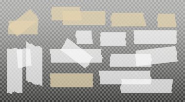 İskoç bandı. Yapışkan kağıt bant. Yapışkan şeffaf yapışkan şerit. Kolaj için çıkartma, fotoğraf notlarını düzeltme. Vektör illüstrasyonu