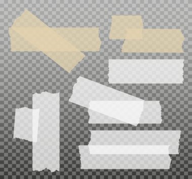 İskoç bandı. Yapışkan kağıt bant. Yapışkan şeffaf yapışkan şerit. Kolaj için çıkartma, fotoğraf notlarını düzeltme. Vektör illüstrasyonu