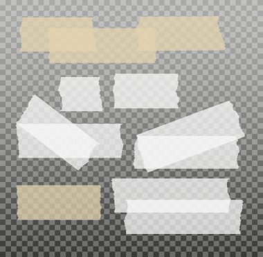 İskoç bandı. Yapışkan kağıt bant. Yapışkan şeffaf yapışkan şerit. Kolaj için çıkartma, fotoğraf notlarını düzeltme. Vektör illüstrasyonu