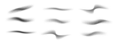 Noktalı yarım ton dalgaları. Soyut şekiller, dalga etkisi noktalı gradyan. Yarım tonluk grafikler dalgaları. Dalga noktalı yarım ton. Vektör illüstrasyonu