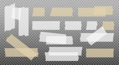 İskoç bandı. Yapışkan kağıt bant. Yapışkan şeffaf yapışkan şerit. Kolaj için çıkartma, fotoğraf notlarını düzeltme. Vektör illüstrasyonu