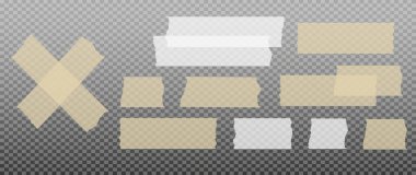 İskoç bandı. Yapışkan kağıt bant. Yapışkan şeffaf yapışkan şerit. Kolaj için çıkartma, fotoğraf notlarını düzeltme. Vektör illüstrasyonu