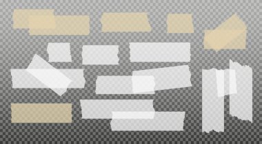 İskoç bandı. Yapışkan kağıt bant. Yapışkan şeffaf yapışkan şerit. Kolaj için çıkartma, fotoğraf notlarını düzeltme. Vektör illüstrasyonu