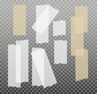 İskoç bandı. Yapışkan kağıt bant. Yapışkan şeffaf yapışkan şerit. Kolaj için çıkartma, fotoğraf notlarını düzeltme. Vektör illüstrasyonu