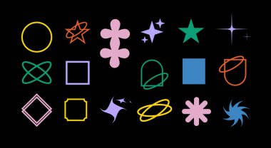 İsviçre tarzı asgari tasarım için acımasız şekiller. Moda geometrik postmodern ilkel figürler. Acımasız çağdaş yıldız çizgisi ve biçimleri. Vektör illüstrasyonu