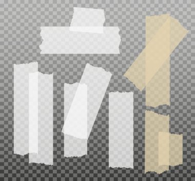 İskoç bandı. Yapışkan kağıt bant. Yapışkan şeffaf yapışkan şerit. Kolaj için çıkartma, fotoğraf notlarını düzeltme. Vektör illüstrasyonu