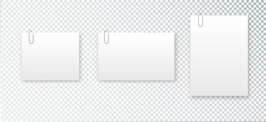 Şeffaf arkaplanda A4 biçiminde boş kağıt levha. Not defteri sayfası, çelik ataçlı belge. Vektör gerçekçiliği