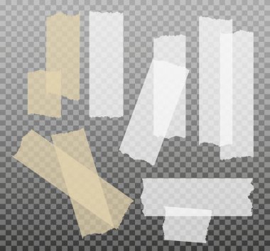 İskoç bandı. Yapışkan kağıt bant. Yapışkan şeffaf yapışkan şerit. Kolaj için çıkartma, fotoğraf notlarını düzeltme. Vektör illüstrasyonu