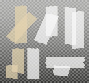 İskoç bandı. Yapışkan kağıt bant. Yapışkan şeffaf yapışkan şerit. Kolaj için çıkartma, fotoğraf notlarını düzeltme. Vektör illüstrasyonu