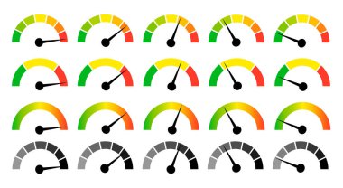 Speedometer gauge meter icons. Vector scale, level of performance. Speed indicator .Infographic of risk, gauge, score progress.