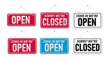 Set of bussiness hanging signboard, were open and closed. Closed and open. Red sign Sorry we are closed for holidays, with shadow isolated on red background. Vector illustration