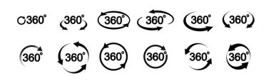 360 degree view related icon set. Signs and arrows for indicate the rotation and panorama. Vector illustration