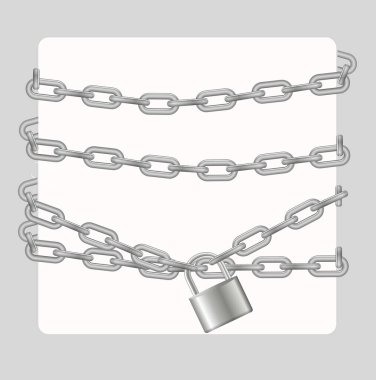 Padlock and chain. Gray metal chain and padlock, handcuffed card, vector.