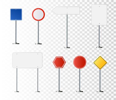Yol, trafik işaretleri. Metal direkte otoyol tabelası. Yazı için yeri olan boş beyaz tahta. Yön işareti ve yol bulucu. bilgi işareti vektör illüstrasyon modellemesi.