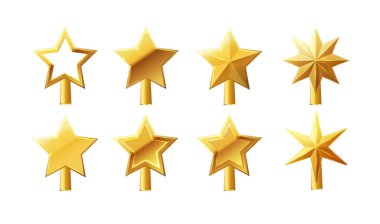 Noel ağacı süsleme vektörü. 3D gerçekçi altın yıldız süslemesi, Xmas çam ağacının tepesi için geleneksel dekoratif parlak tasarım. Vektör EPS 10.