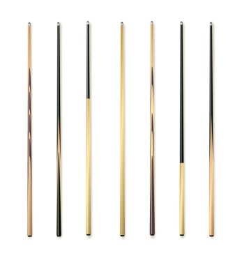 Bilardo için işaretler, bilardo gerçekçi şablonlar. Bilardo sporları için çeşitli tasarımı olan tahta sopalar. Vektör illüstrasyonu