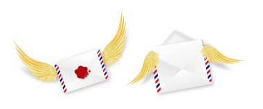 Üzerinde altın melek kanatları olan kağıt bir zarf. Mektuplar benim sevgilim olsun. Kanatlı beyaz zarf. Gerçekçi 3D tasarım tebrik mektupları, düşen zarflar. Vektör illüstrasyonu
