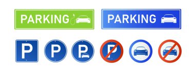 Araba park yeri elektrik ikonu seti. Beyaz arka planda park ve trafik işaretleri izole edilmiş. Harita parkedici. Vektör illüstrasyonu