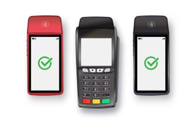 Vektör 3D Gerçekçi NFC Ödeme Terminali. Kredi Kartı. Ödeme Makinesi. Banka Ödeme Bağlantısız Terminali şablonu. POS Uçbirimi.