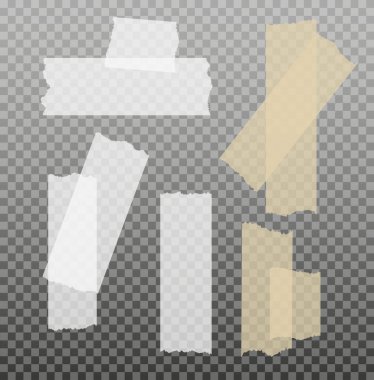 İskoç bandı. Yapışkan kağıt bant. Yapışkan şeffaf yapışkan şerit. Kolaj için çıkartma, fotoğraf notlarını düzeltme. Vektör illüstrasyonu