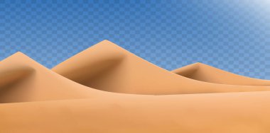 Şeffaf arka planda izole edilmiş gerçekçi çöl manzarası. Kumlu çöl kumulları. Vektör illüstrasyonu