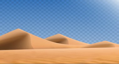 Şeffaf arka planda izole edilmiş gerçekçi çöl manzarası. Kumlu çöl kumulları. Vektör illüstrasyonu