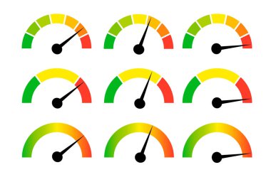 Speedometer gauge meter icons. Vector scale, level of performance. Speed indicator .Infographic of risk, gauge, score progress.