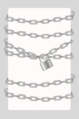 Padlock and chain. Gray metal chain and padlock, handcuffed card, vector.