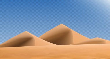 Şeffaf arka planda izole edilmiş gerçekçi çöl manzarası. Kumlu çöl kumulları. Vektör illüstrasyonu
