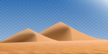 Şeffaf arka planda izole edilmiş gerçekçi çöl manzarası. Kumlu çöl kumulları. Vektör illüstrasyonu