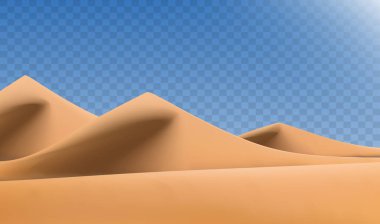 Şeffaf arka planda izole edilmiş gerçekçi çöl manzarası. Kumlu çöl kumulları. Vektör illüstrasyonu
