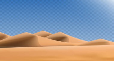 Şeffaf arka planda izole edilmiş gerçekçi çöl manzarası. Kumlu çöl kumulları. Vektör illüstrasyonu